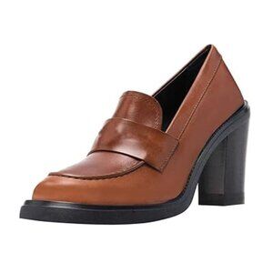 YDN Brown Chunky High Heels Round Toe Oxford Loafer Shoes Slip On Office Shoes